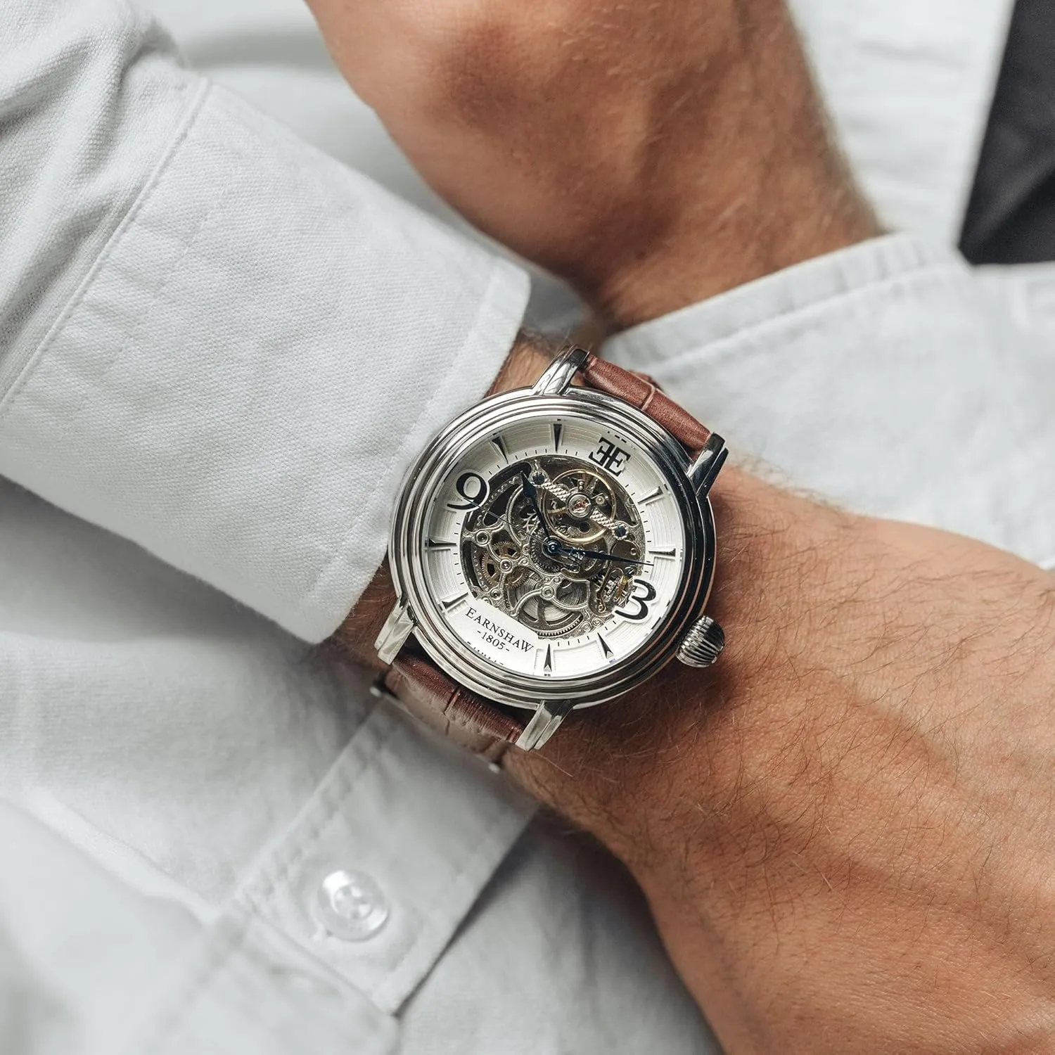 Strap ES-8011 Thomas Earnshaw Longcase Grande Skeleton Men's Automatic Watch guncotton pin conduct brilliance instill 48mm Open Heart Dial Genuine Leather 