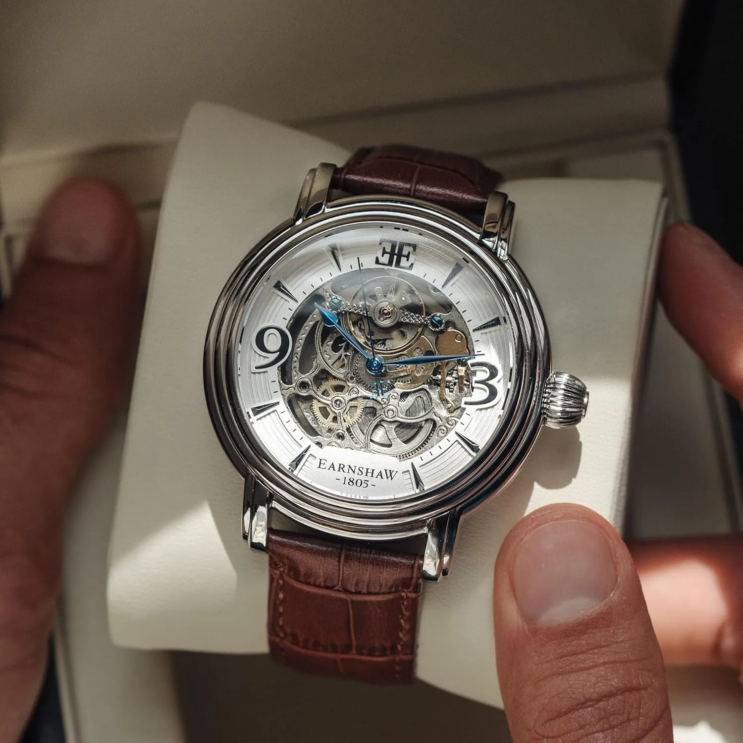Strap ES-8011 Thomas Earnshaw Longcase Grande Skeleton Men's Automatic Watch guncotton pin conduct brilliance instill 48mm Open Heart Dial Genuine Leather 
