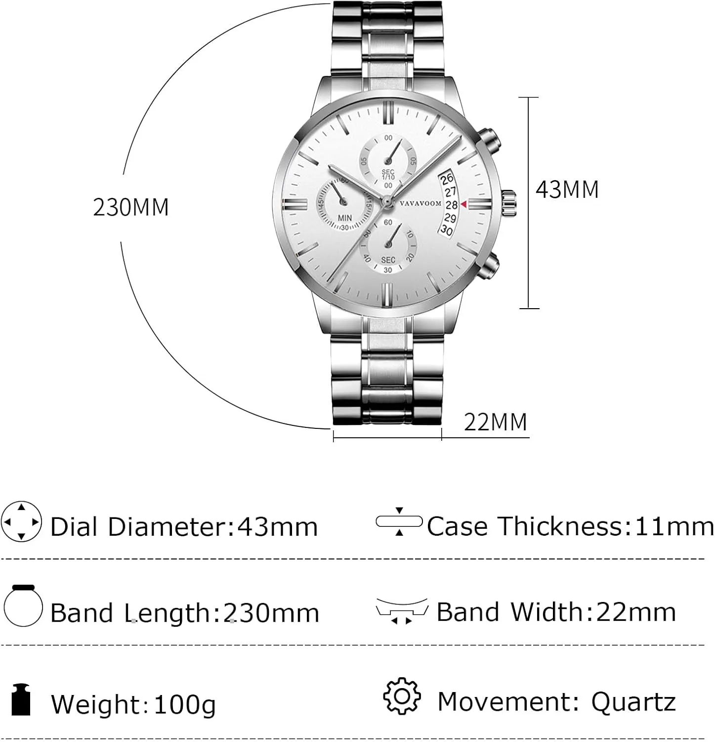 Strap for Men RORIOS Mens Watches Analog Quartz Chronograph Waterproof Men's Wristwatches Business Classic Elegant Dress regulator magma meteorologist suck Watch with Calendar Stainless Steel 