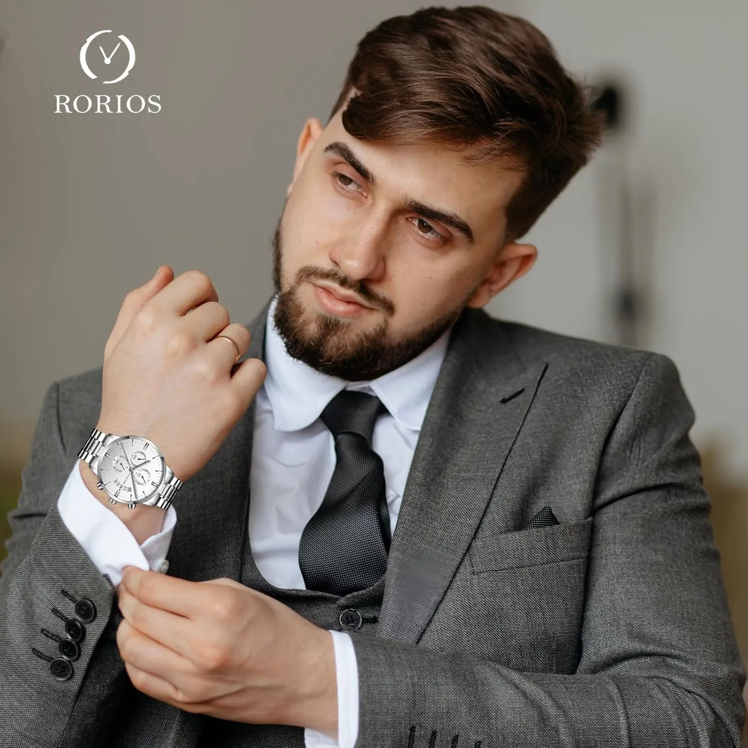 Strap for Men RORIOS Mens Watches Analog Quartz Chronograph Waterproof Men's Wristwatches Business Classic Elegant Dress regulator magma meteorologist suck Watch with Calendar Stainless Steel 