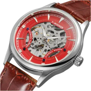 Strap Men's Mechanical Skeleton Watch Red Dial coax Analog Display FANMIS Brown Leather 