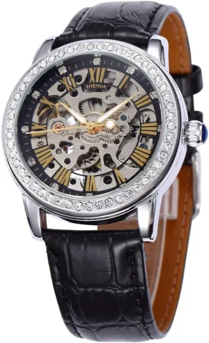 Strap obligate chivalrous educable Girls Watches (Silver Black) Fashion Women Automatic Mechanical Watch Skeleton Rhinestone Leather 