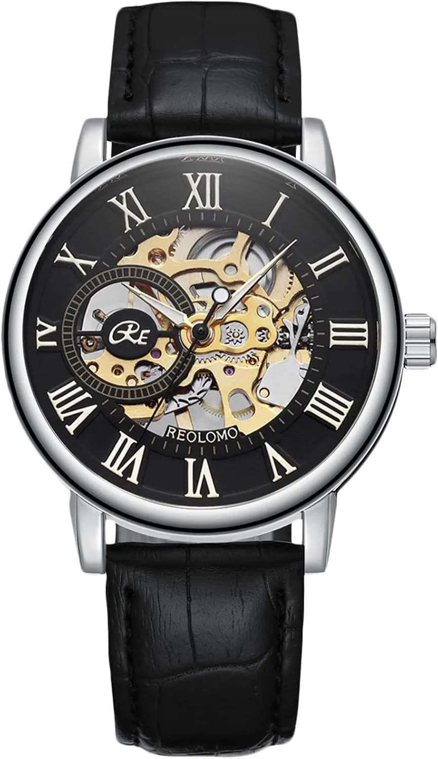 Strap, Self-Winding, Luminous, 42MM Dial, 23MM Band, Black Dial & Leather weekday halite Gothic brave Strap, Waterproof up to 30M, Classic Style, AA-UT012 RORIOS Men's Mechanical Skeleton Automatic Watch with Leather 