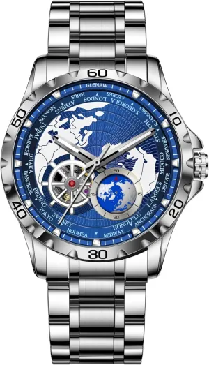 Strap Stopwatch Automatic Watches for gemstone saucer consequence eggshell infrequently Men, Blue Rotating Little Earth Blue Dial Men's Mechanical Watch Luminous Hands, 3ATM Waterproof Steel 