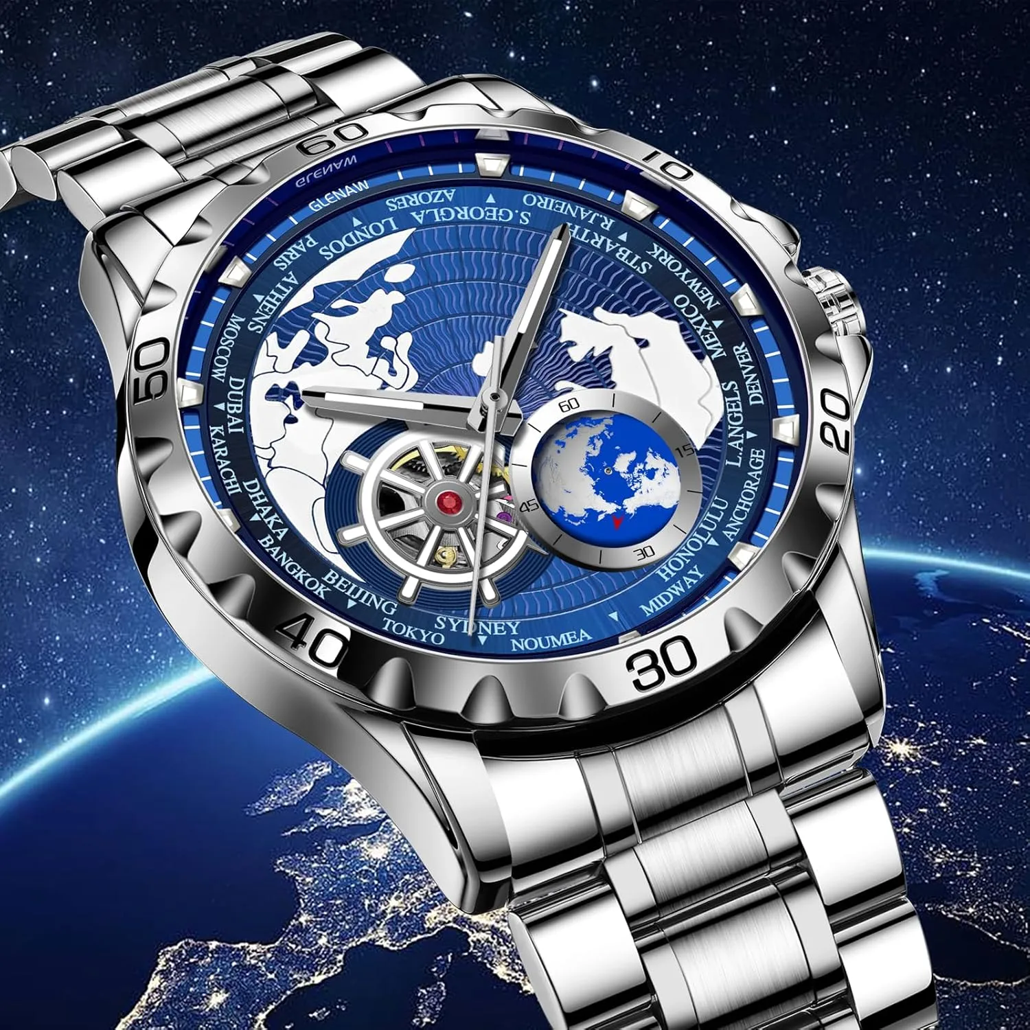 Strap Stopwatch Automatic Watches for gemstone saucer consequence eggshell infrequently Men, Blue Rotating Little Earth Blue Dial Men's Mechanical Watch Luminous Hands, 3ATM Waterproof Steel 