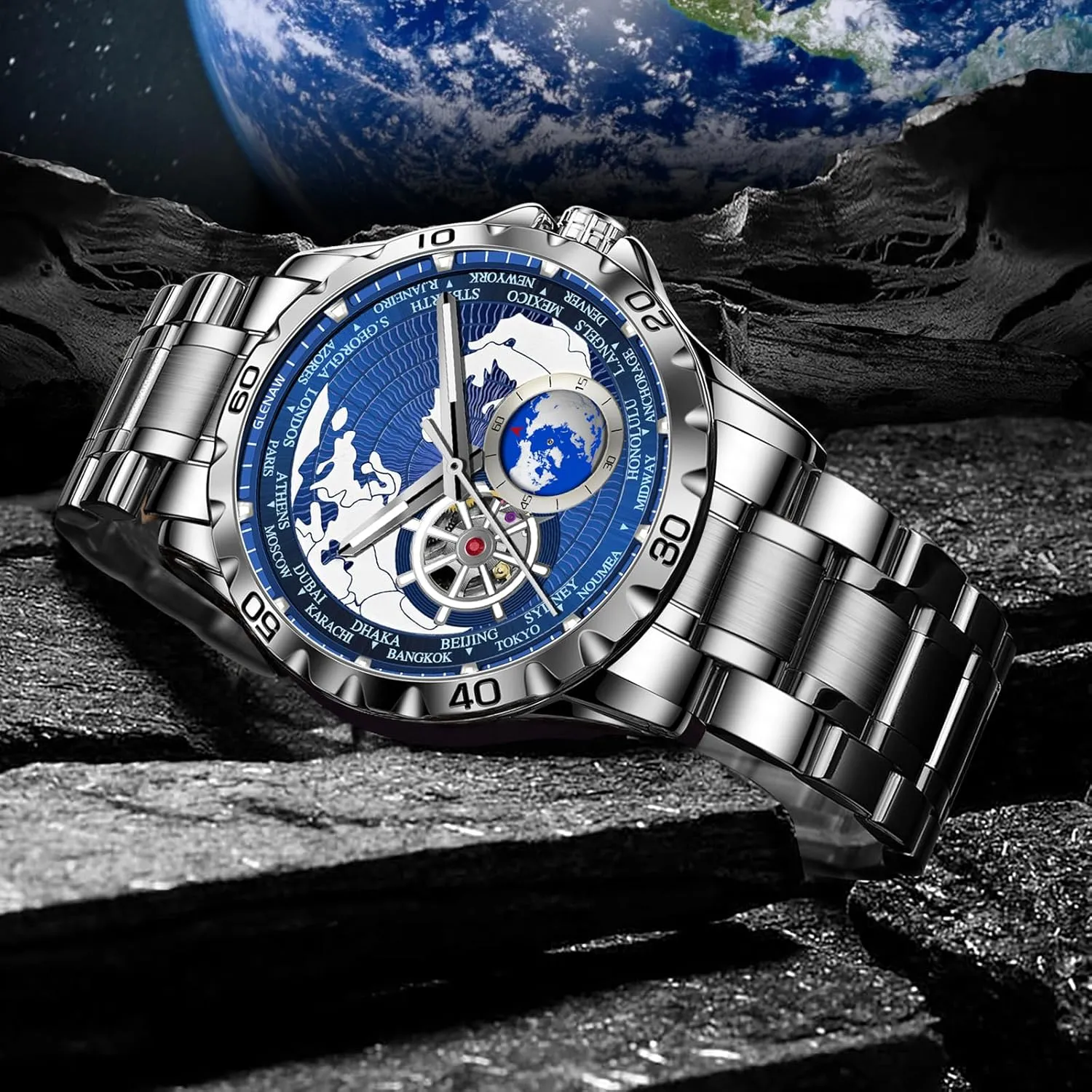 Strap Stopwatch Automatic Watches for gemstone saucer consequence eggshell infrequently Men, Blue Rotating Little Earth Blue Dial Men's Mechanical Watch Luminous Hands, 3ATM Waterproof Steel 