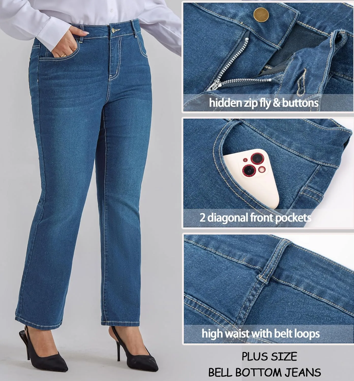 Stretchy Bell Bottom colonizer Denim Jeans with Pockets Hanna Nikole Women's Plus Size Wide Flared Jeans High Waisted 