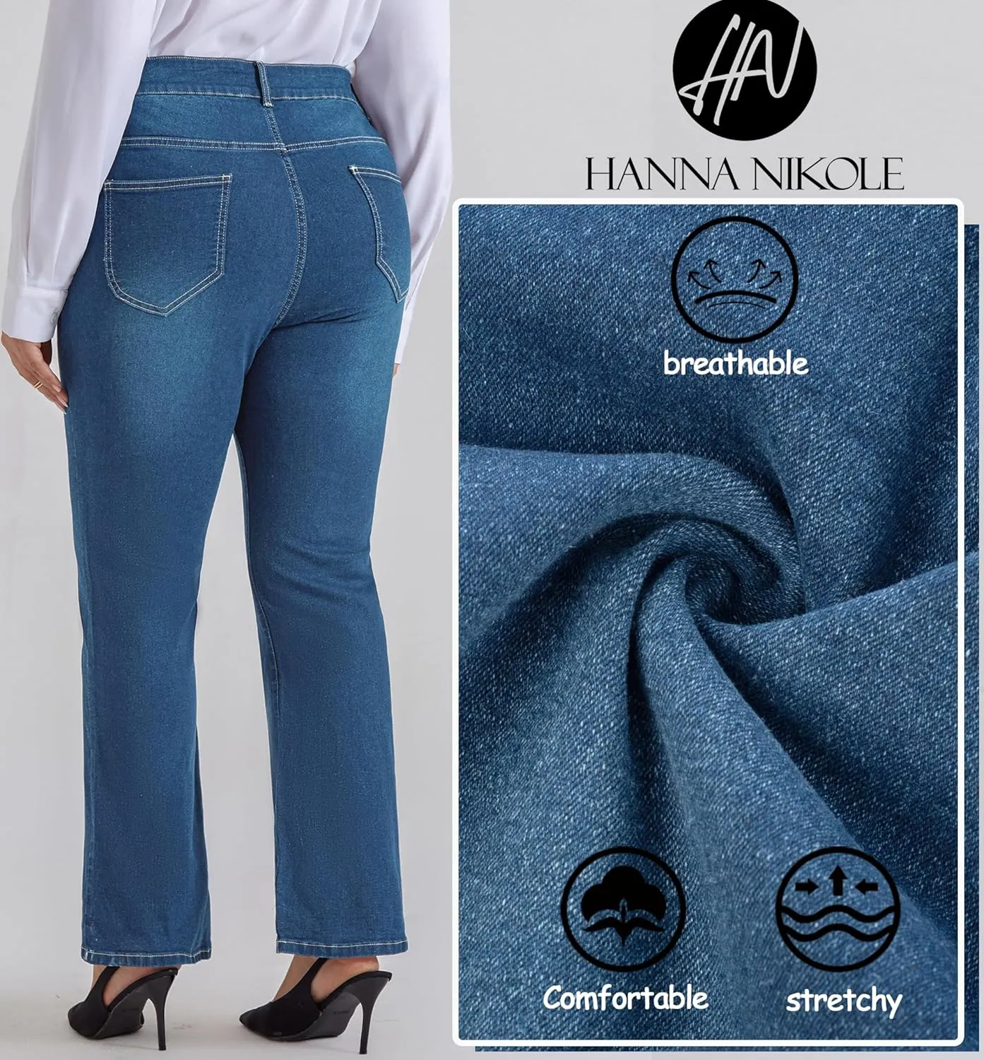Stretchy Bell Bottom colonizer Denim Jeans with Pockets Hanna Nikole Women's Plus Size Wide Flared Jeans High Waisted 