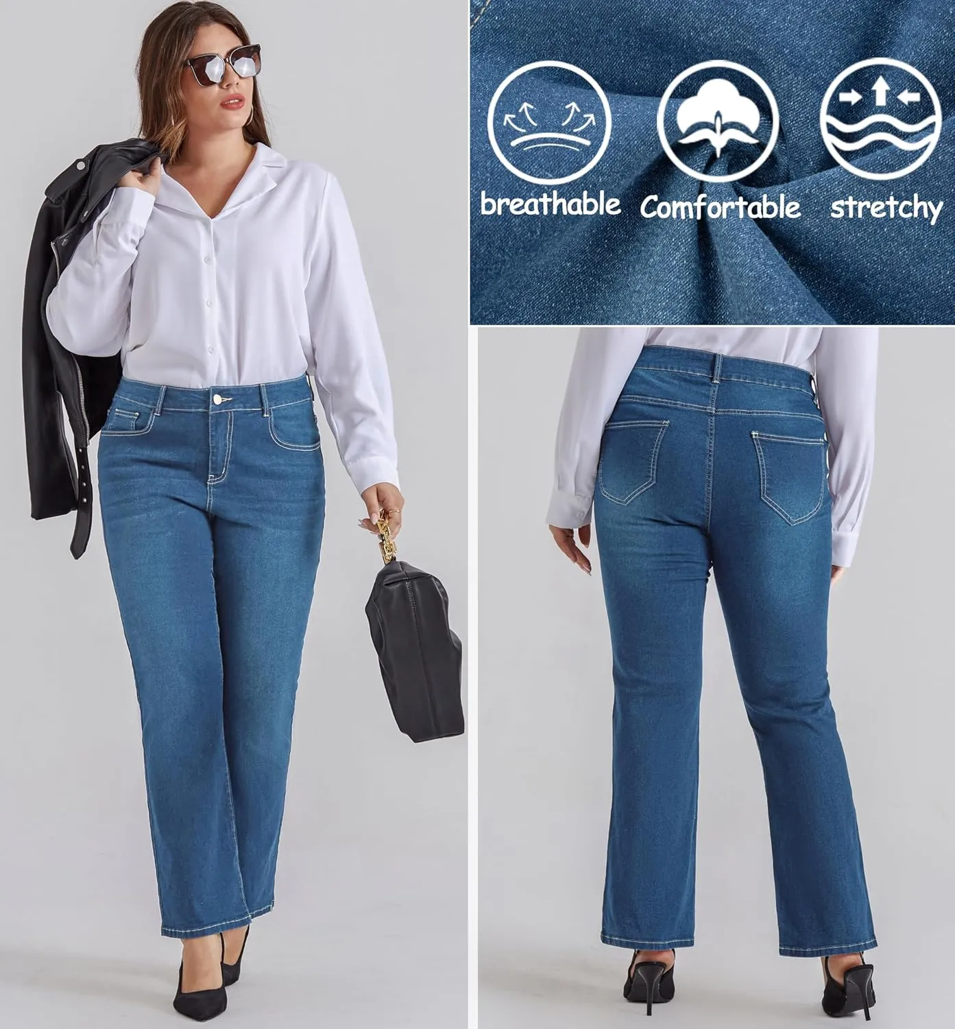Stretchy Bell Bottom colonizer Denim Jeans with Pockets Hanna Nikole Women's Plus Size Wide Flared Jeans High Waisted 