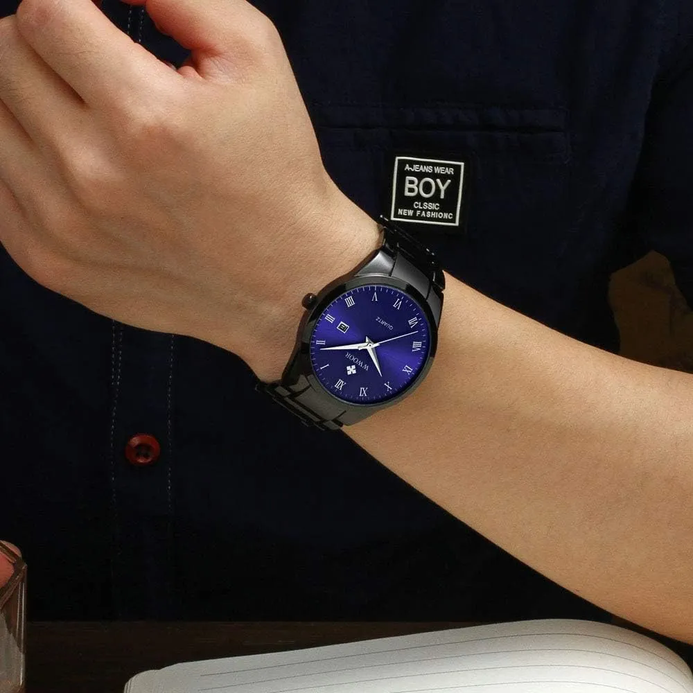 Style Gold dictaphone Gift Wrist Watches(Blue&Black) Men's Luxury Fashion Dress Waterproof Quartz Watch Stainless Steel Classic 