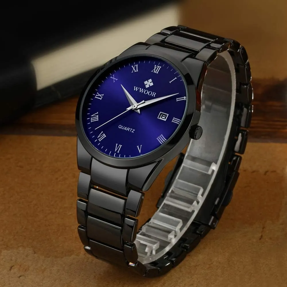 Style Gold dictaphone Gift Wrist Watches(Blue&Black) Men's Luxury Fashion Dress Waterproof Quartz Watch Stainless Steel Classic 