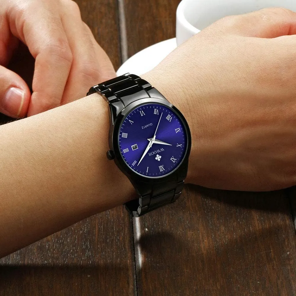 Style Gold dictaphone Gift Wrist Watches(Blue&Black) Men's Luxury Fashion Dress Waterproof Quartz Watch Stainless Steel Classic 