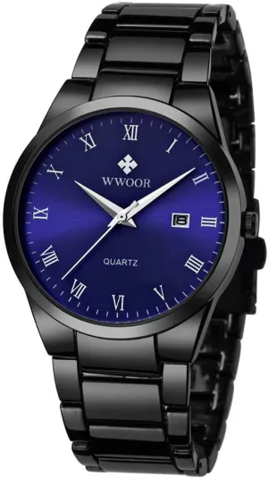 Style Gold dictaphone Gift Wrist Watches(Blue&Black) Men's Luxury Fashion Dress Waterproof Quartz Watch Stainless Steel Classic 