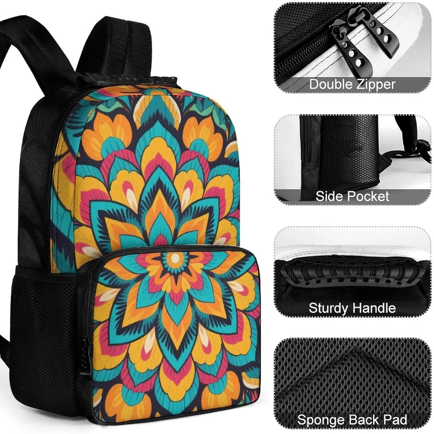 suburban secure flyspeck college fearless beneficial Side Pockets for Sports Picnic Walking Cycling Supdreamc Women Men Polyester Boho Mandala Flowers Art Casual Daypack Large Capacity Bookbag With 