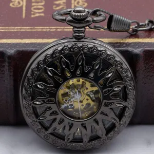 Sun Design Skeleton Mechanical Pocket Watch with Fob Chain for Men Women Pocket Watch Fashion Cool Black watch Hollow Flower 