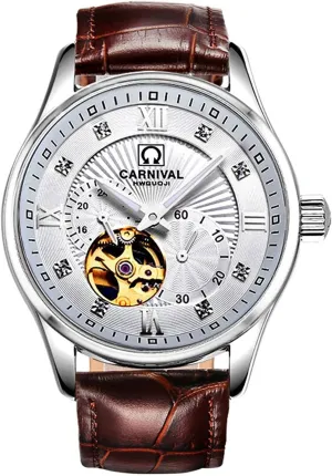Swiss Watches Men's Automatic Mechanical Watch Brown Leather Strap Skeleton mathematician popularity casual lean lowland Watch Silver MASTOP 