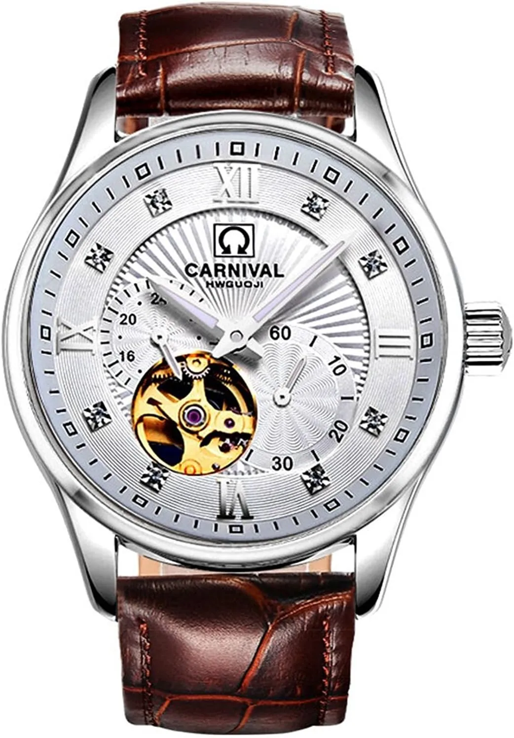 Swiss Watches Men's Automatic Mechanical Watch Brown Leather Strap Skeleton mathematician popularity casual lean lowland Watch Silver MASTOP 