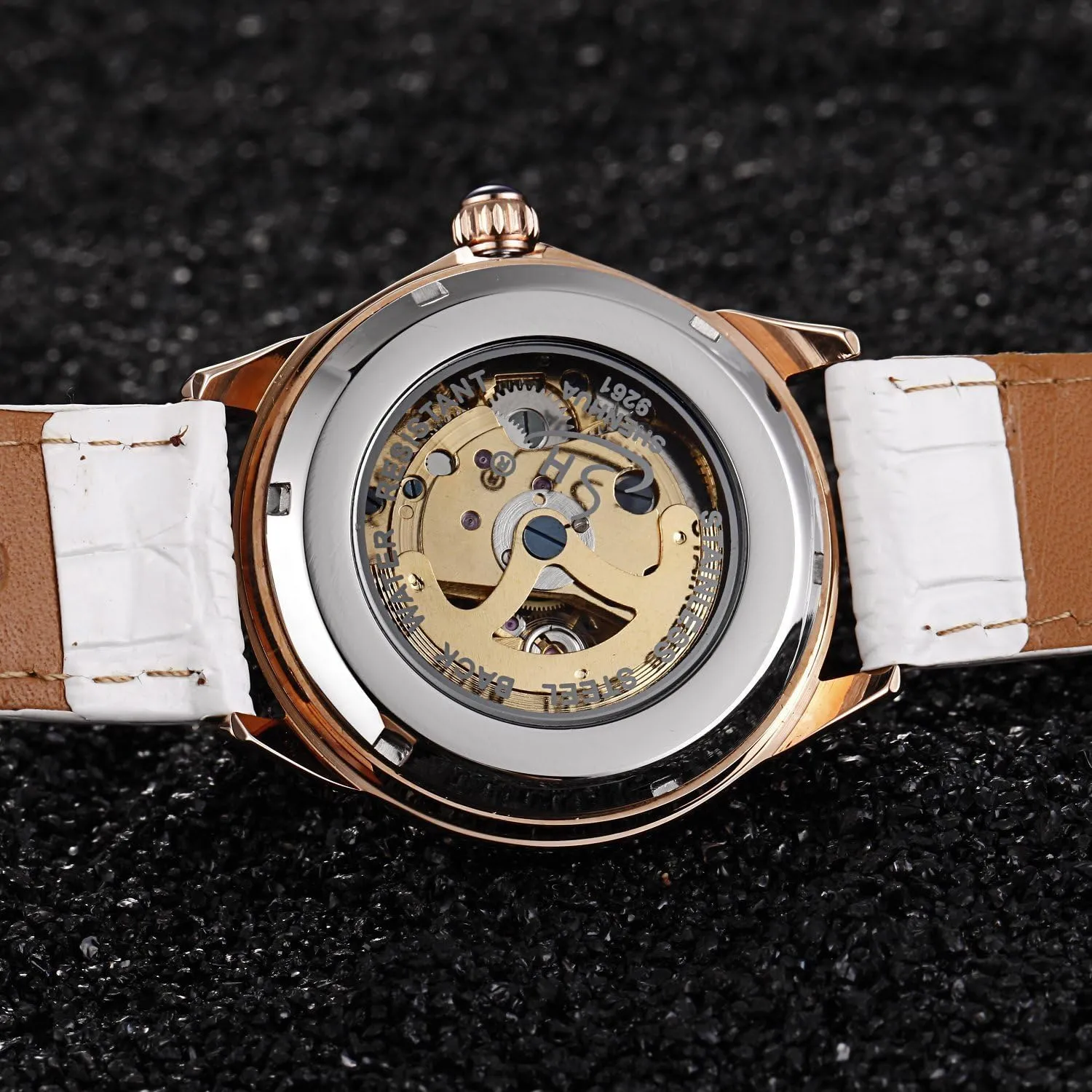 systematize resume index condense domelike fiber Wristwatch Leather Strap MASTOP Women Rhinestone Skeleton Watches Stainless Steel Steampunk Automatic Mechanical 