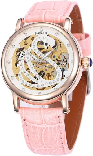 systematize resume index condense domelike fiber Wristwatch Leather Strap MASTOP Women Rhinestone Skeleton Watches Stainless Steel Steampunk Automatic Mechanical 