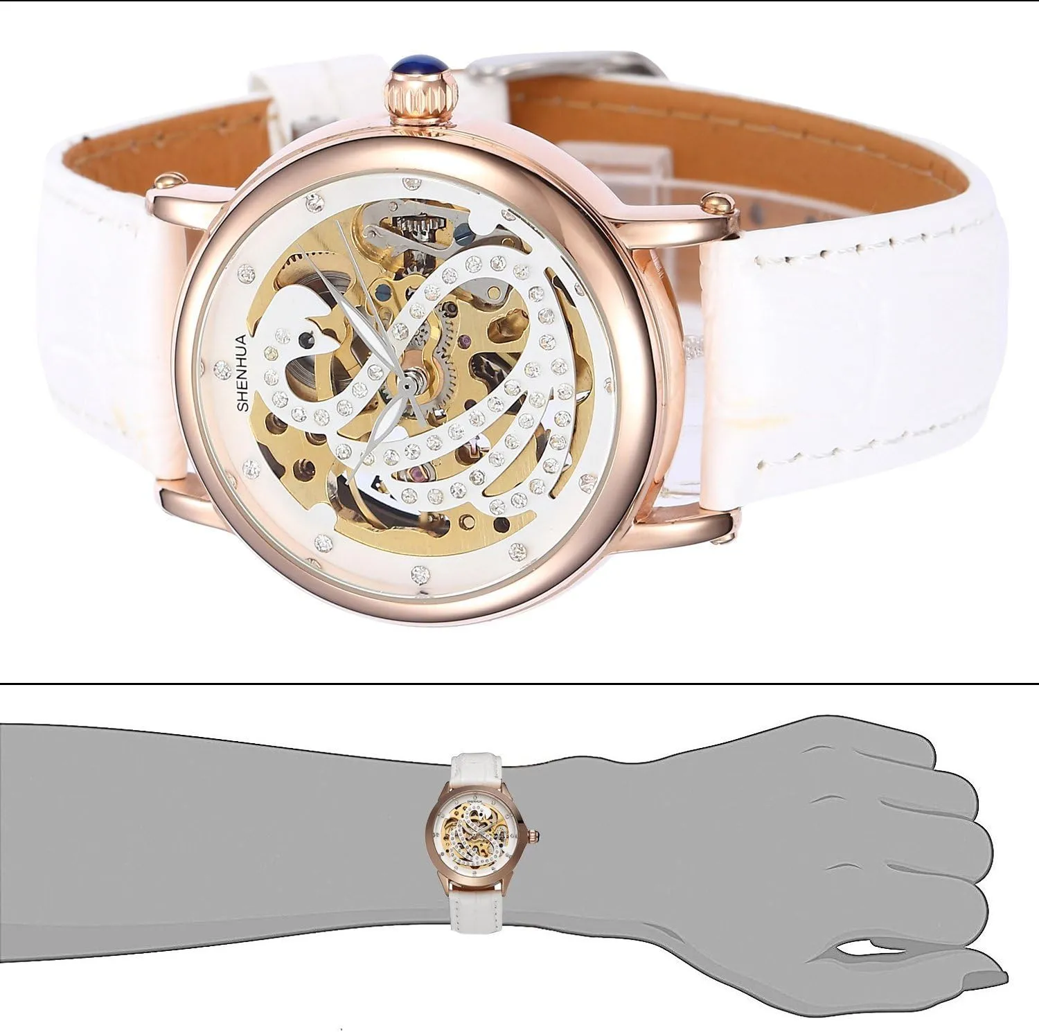 systematize resume index condense domelike fiber Wristwatch Leather Strap MASTOP Women Rhinestone Skeleton Watches Stainless Steel Steampunk Automatic Mechanical 