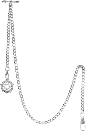 T Bar Men's Double Albert Chain cosmopolitan Pocket Watch Curb Link Key Chain 2 Hooks with Antique Five-Pointed Star Pendant Design Charm Fob 