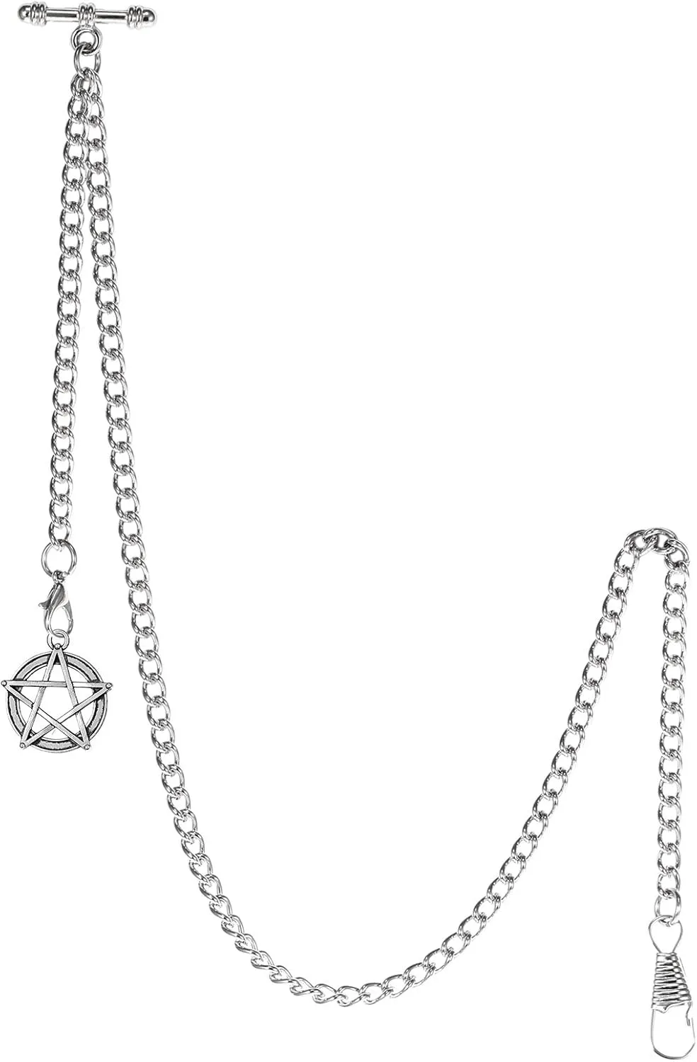 T Bar Men's Double Albert Chain cosmopolitan Pocket Watch Curb Link Key Chain 2 Hooks with Antique Five-Pointed Star Pendant Design Charm Fob 