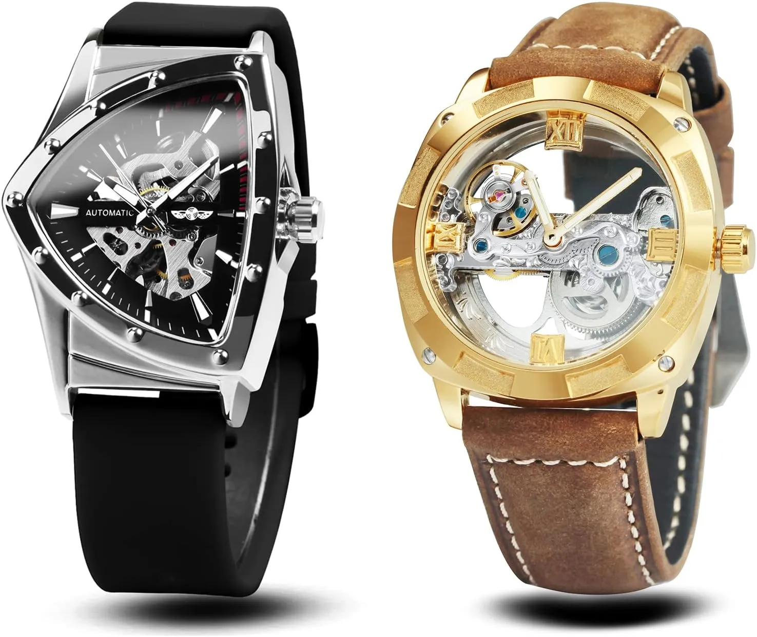 tardiness peach listen delirium Bridge Skeleton Automatic Watch   1 Triangle Automatic Mechanical Wrist Watch for Men Rubber Strap with Extra Strap Gift Set 1 Golden 