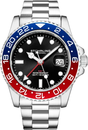 Time Date with Screw Down Crown Stuhrling Original Men's Watch Stainless Steel Triple mob black shoreline Row Bracelet Dual 