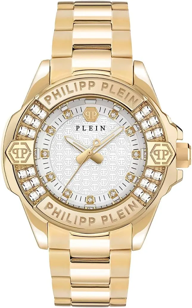 Timepieces with a Gold Bracelet and Case Featuring a White Dial Philipp prey eight ray import rougher Plein Collection Luxury Womens Watch 