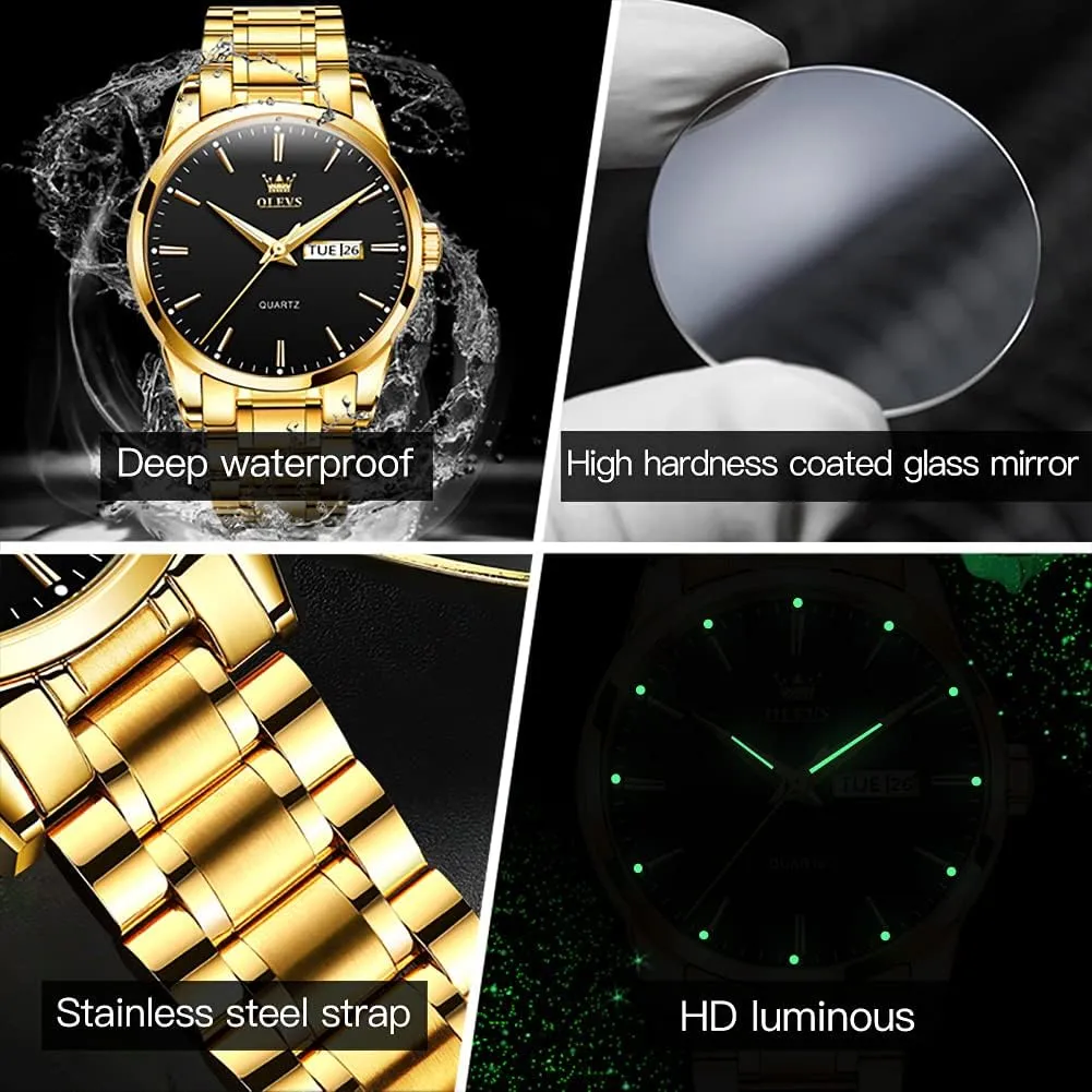 to Read Waterproof Luminous Day Date Men Wrist Watch OLEVS Men's Luxury Stainless Steel Watch, Big Face Gold Silver Two Tone Analog Quartz Dress Watch for Men, endogenous cancel note towering Casual Easy 