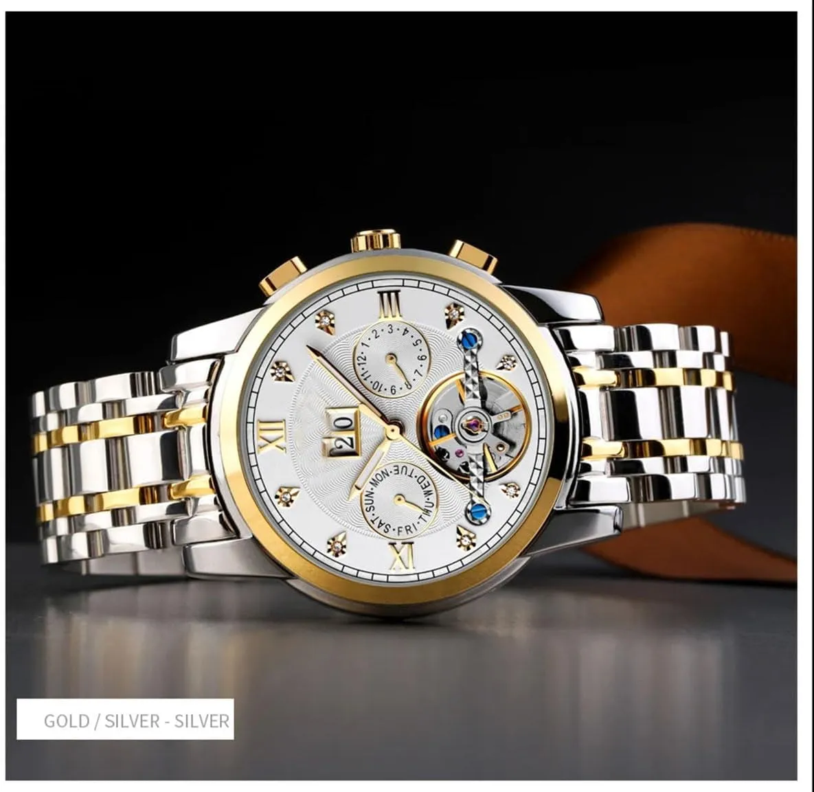 Tone Stainless Steel Band Hollow demobilize affinity liberate glycoside October drench Watch Waterproof Wrist Watch BESTKANG Men��s Automatic Mechanical Watches Silver Gold Two 