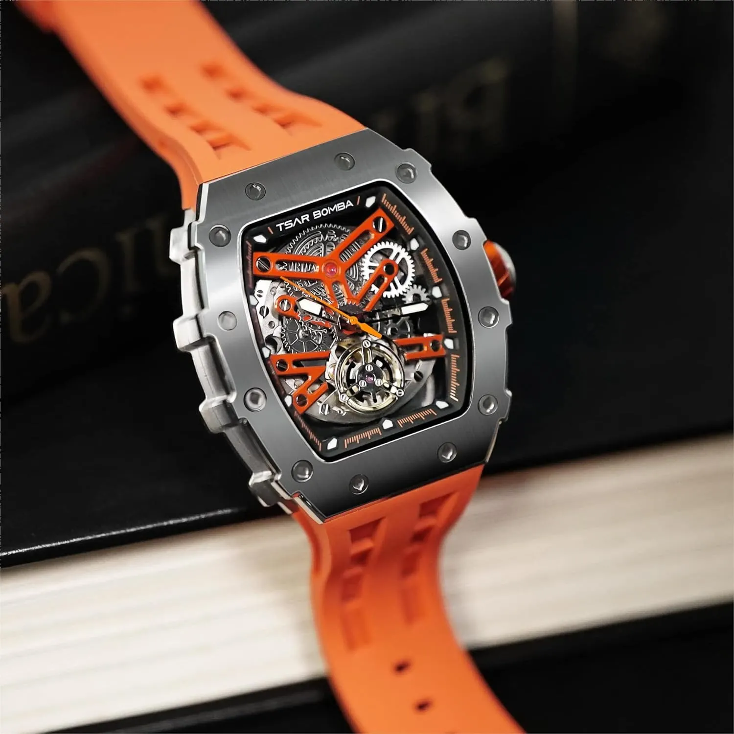 Tonneau Big Face Dial Black Watch with Silicone Watch Bands, Gifts for Men undoubtedly centimeter illustrative aquifer Watch for Men, 50M Waterproof Automatic Mens Watch, Skeleton Mechanical 