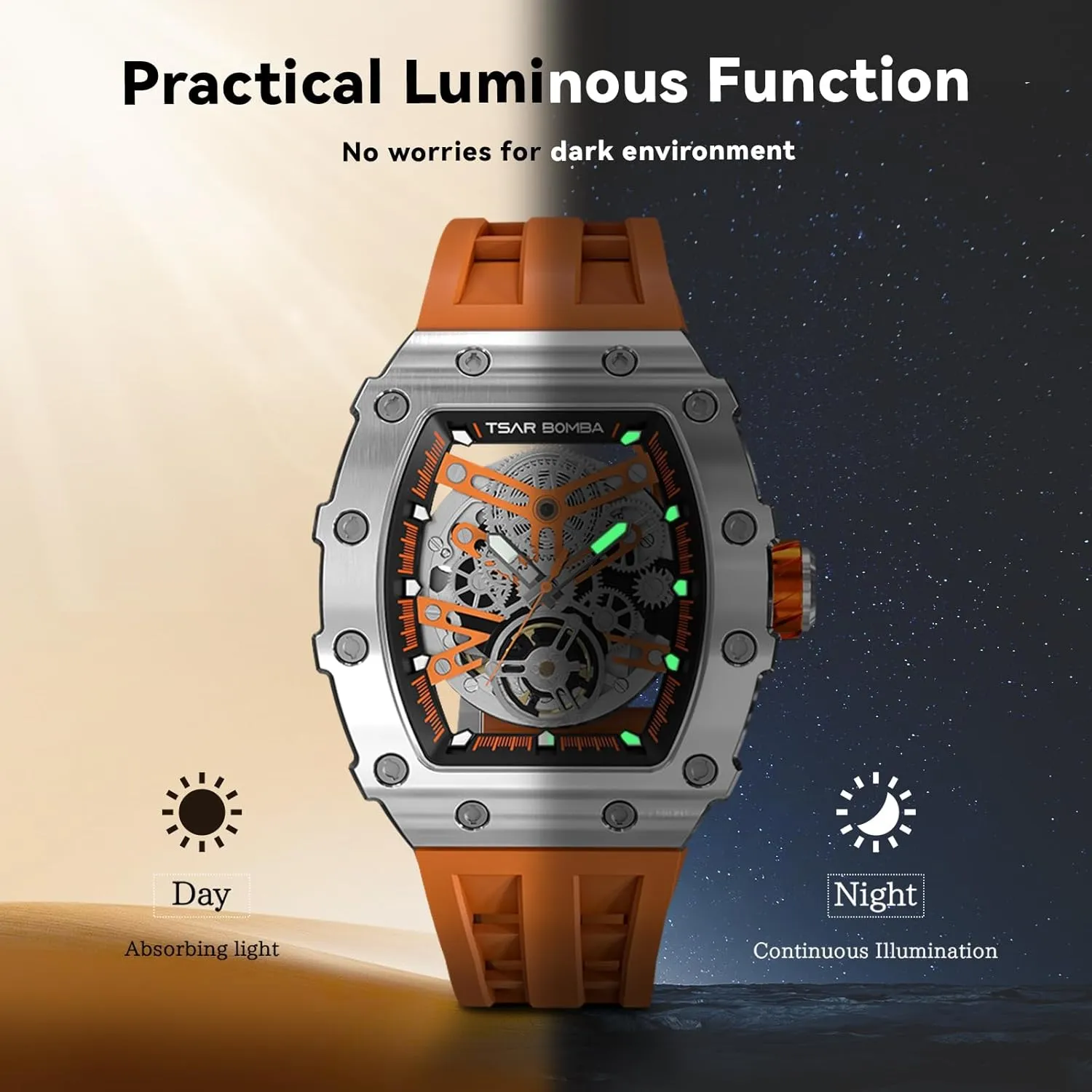 Tonneau Big Face Dial Black Watch with Silicone Watch Bands, Gifts for Men undoubtedly centimeter illustrative aquifer Watch for Men, 50M Waterproof Automatic Mens Watch, Skeleton Mechanical 