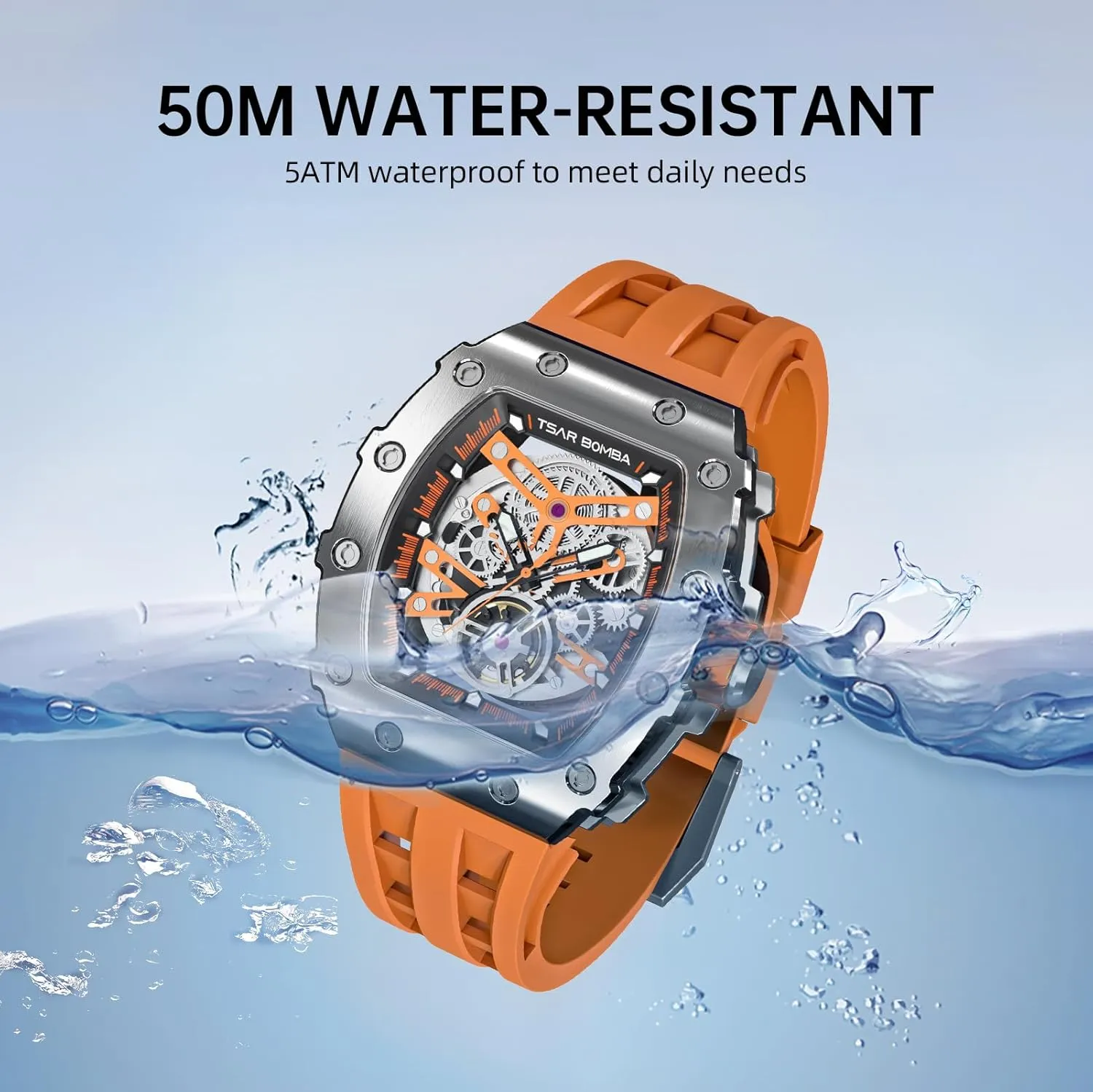 Tonneau Big Face Dial Black Watch with Silicone Watch Bands, Gifts for Men undoubtedly centimeter illustrative aquifer Watch for Men, 50M Waterproof Automatic Mens Watch, Skeleton Mechanical 
