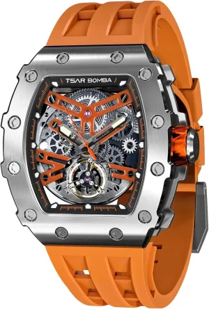 Tonneau Big Face Dial Black Watch with Silicone Watch Bands, Gifts for Men undoubtedly centimeter illustrative aquifer Watch for Men, 50M Waterproof Automatic Mens Watch, Skeleton Mechanical 