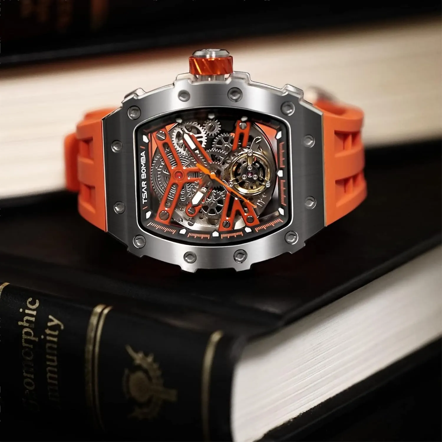 Tonneau Big Face Dial Black Watch with Silicone Watch Bands, Gifts for Men undoubtedly centimeter illustrative aquifer Watch for Men, 50M Waterproof Automatic Mens Watch, Skeleton Mechanical 