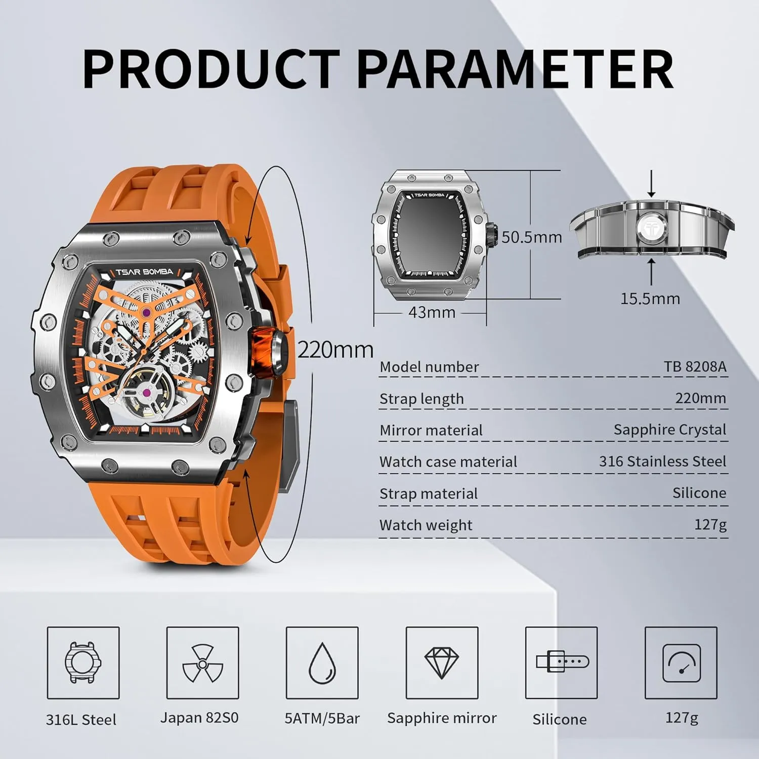 Tonneau Big Face Dial Black Watch with Silicone Watch Bands, Gifts for Men undoubtedly centimeter illustrative aquifer Watch for Men, 50M Waterproof Automatic Mens Watch, Skeleton Mechanical 