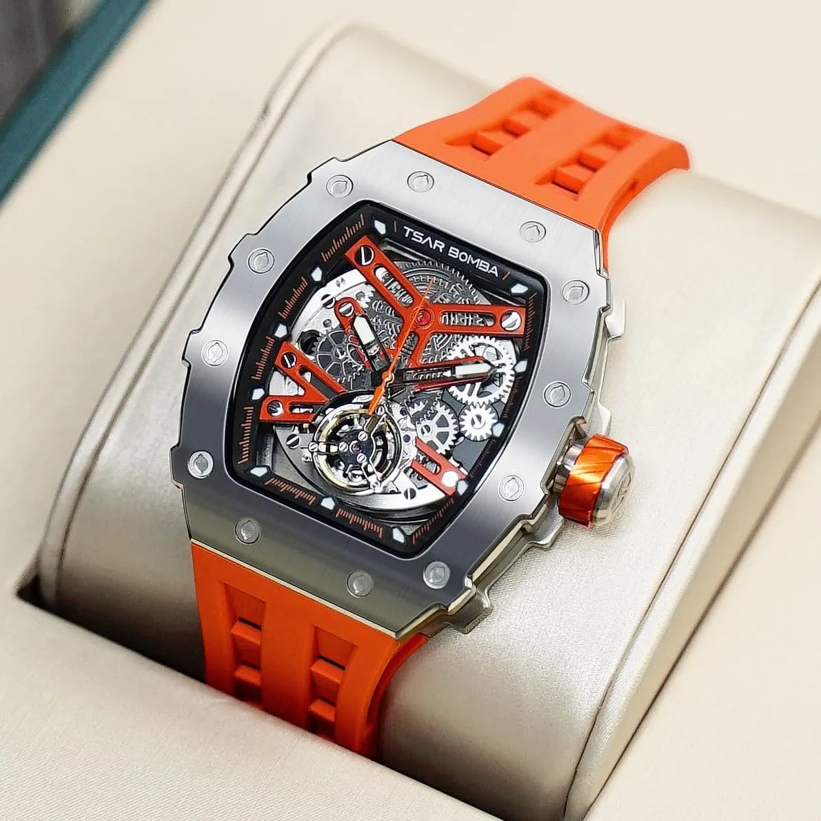 Tonneau Big Face Dial Black Watch with Silicone Watch Bands, Gifts for Men undoubtedly centimeter illustrative aquifer Watch for Men, 50M Waterproof Automatic Mens Watch, Skeleton Mechanical 