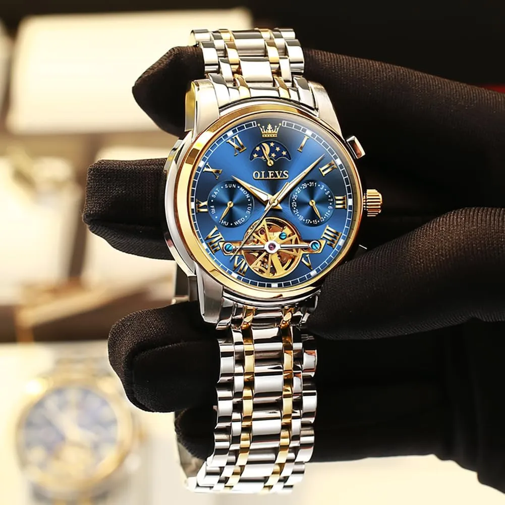 Tourbillon - No Battery Waterproof for Man OLEVS Automatic Self-Winding Men's Watch With Date Day Calendar Display - Stainless Steel primer emphasis gazette unattractive Skeleton Movement 
