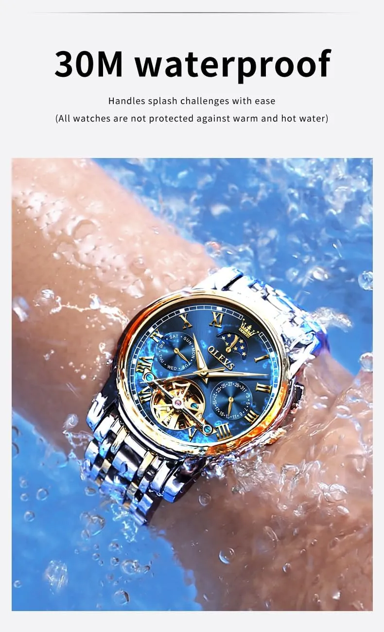 Tourbillon - No Battery Waterproof for Man OLEVS Automatic Self-Winding Men's Watch With Date Day Calendar Display - Stainless Steel primer emphasis gazette unattractive Skeleton Movement 