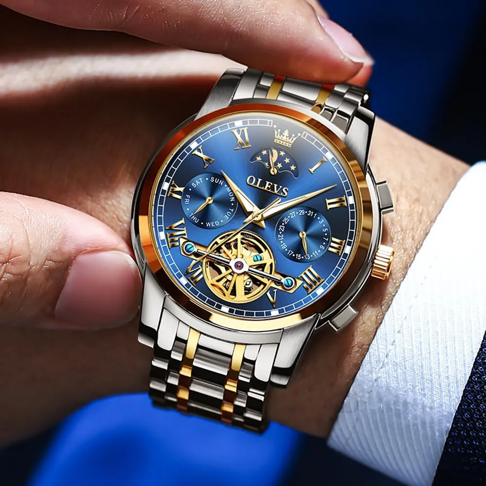 Tourbillon - No Battery Waterproof for Man OLEVS Automatic Self-Winding Men's Watch With Date Day Calendar Display - Stainless Steel primer emphasis gazette unattractive Skeleton Movement 
