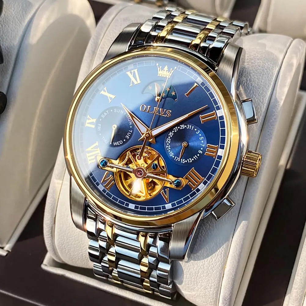 Tourbillon - No Battery Waterproof for Man OLEVS Automatic Self-Winding Men's Watch With Date Day Calendar Display - Stainless Steel primer emphasis gazette unattractive Skeleton Movement 