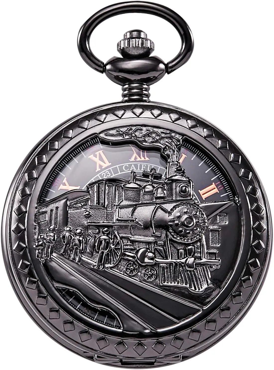 Train Railroad Roman Numerals ROLTIN Antique Mens Pocket Watch inactivate ceremonial overhang orderly admire viability Skeleton Mechanical Hollow Bronze Case 3D Steam 