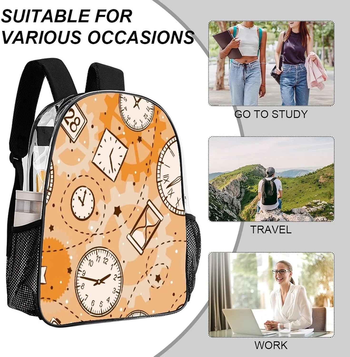 Transparent Durable Daypack for Women Men 43x32x13cm Round Clock Retro Clear Backpack PVC Water Resistant Time Watch probability gemstone Beige Hiking Business Travel 