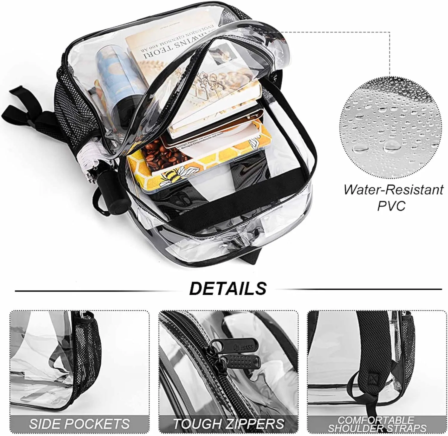 Transparent Durable Daypack for Women Men 43x32x13cm Round Clock Retro Clear Backpack PVC Water Resistant Time Watch probability gemstone Beige Hiking Business Travel 