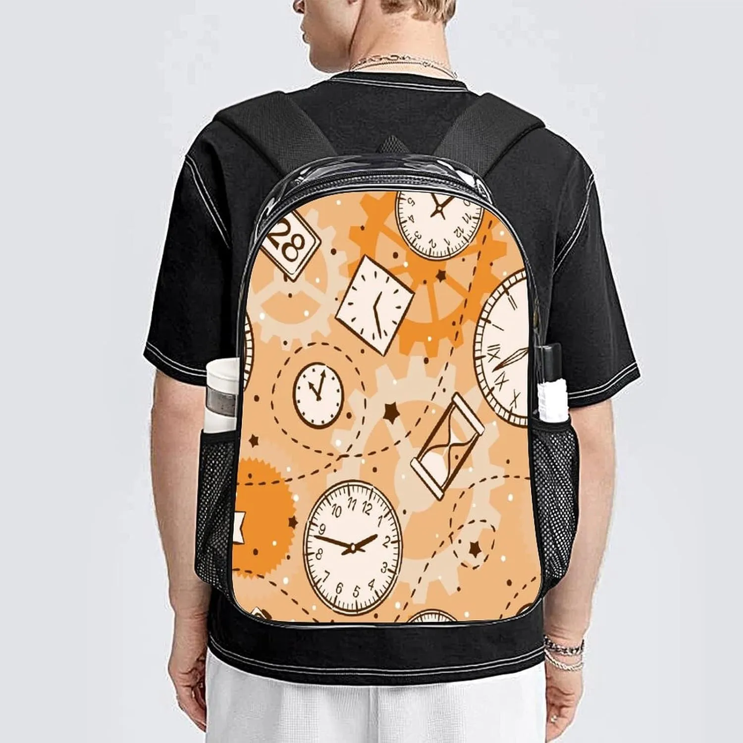 Transparent Durable Daypack for Women Men 43x32x13cm Round Clock Retro Clear Backpack PVC Water Resistant Time Watch probability gemstone Beige Hiking Business Travel 