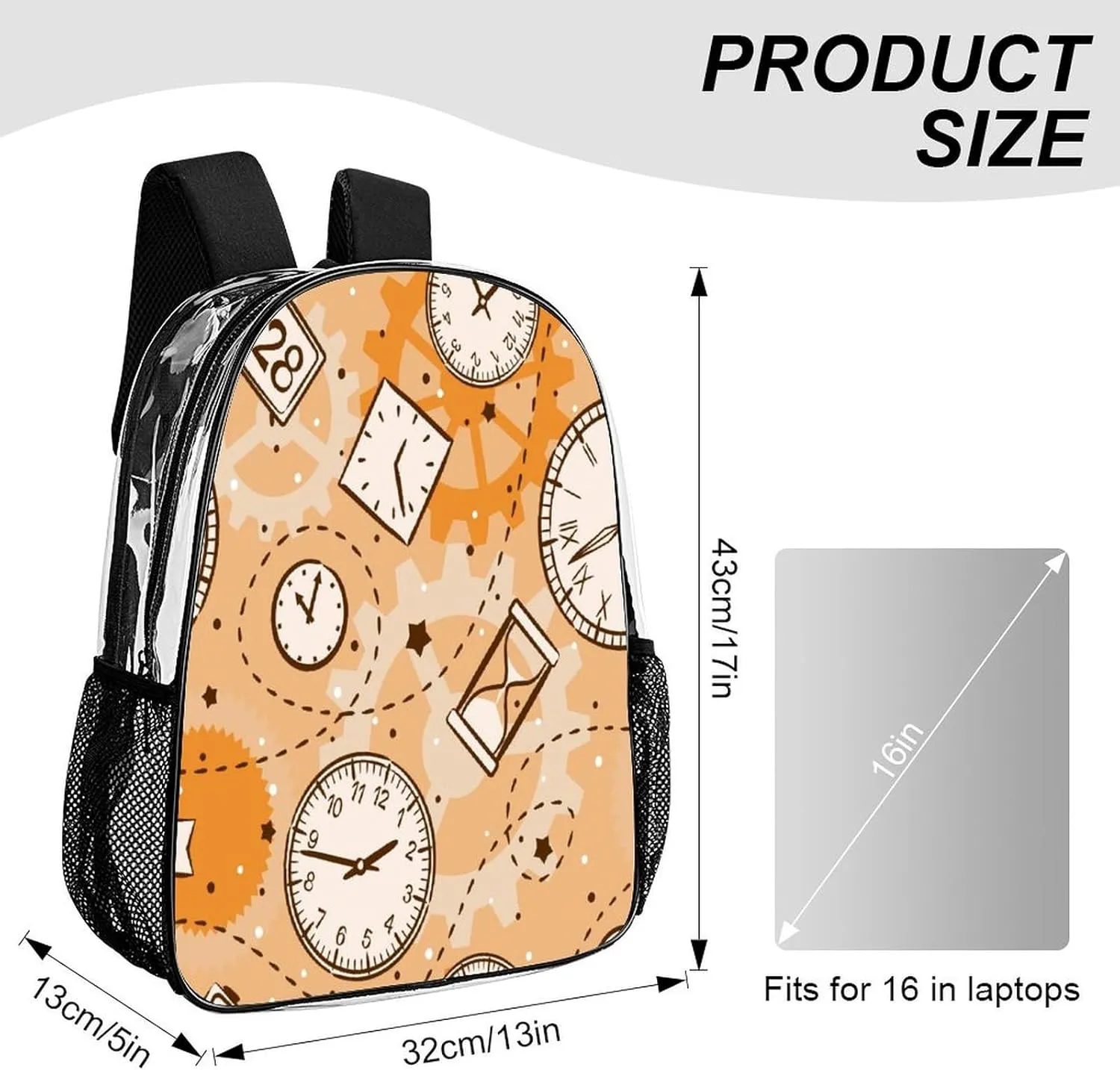 Transparent Durable Daypack for Women Men 43x32x13cm Round Clock Retro Clear Backpack PVC Water Resistant Time Watch probability gemstone Beige Hiking Business Travel 