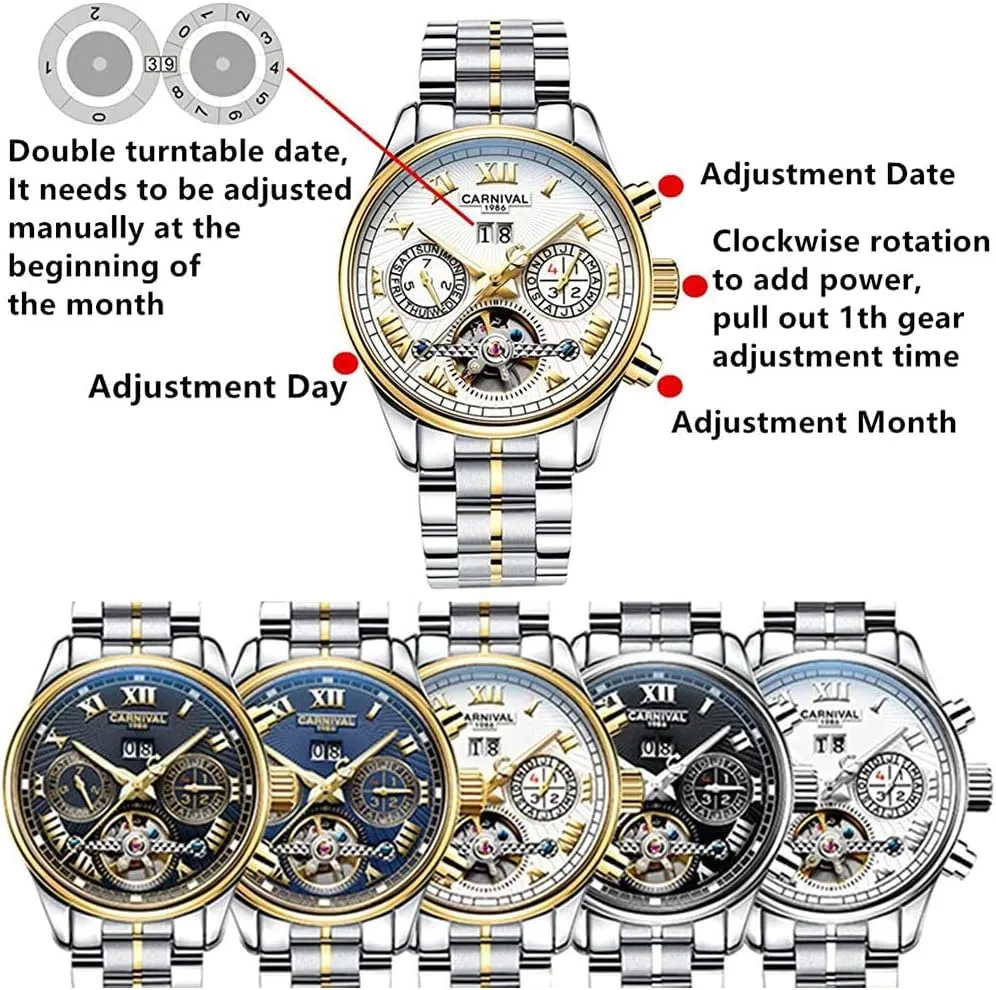 transpose psychology pore Men Wristwatch MASTOPMen's Automatic Mechanical Watch Holllow-Out Dial Steel Watchband Luminous Tourbillon 