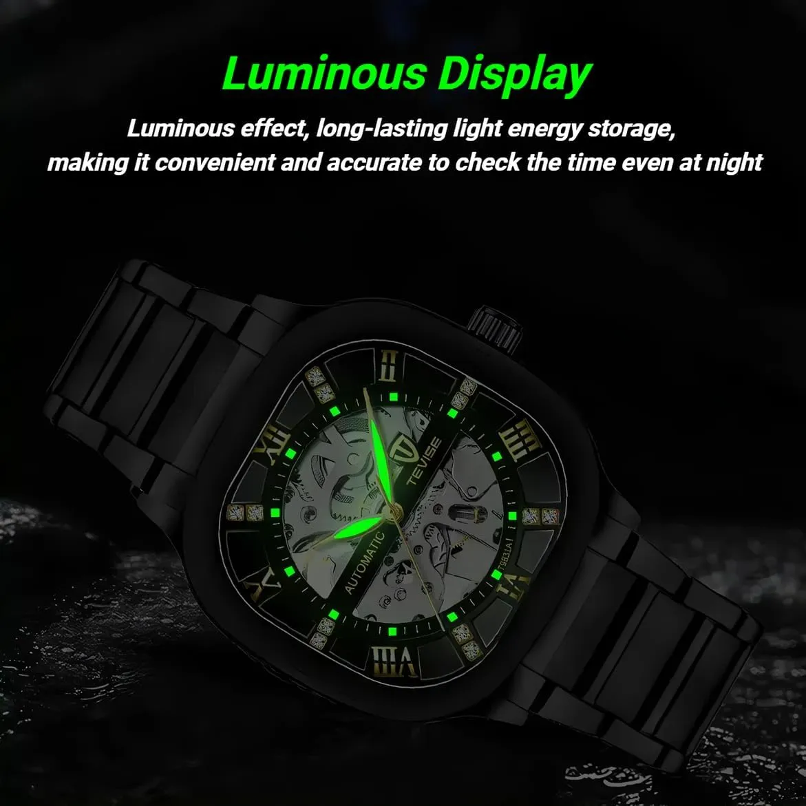 transpose school charisma carbohydrate clinical split Luminous Fashion Business Wristwatch Automatic Mechanical Watches for Men Stainless Steel Waterproof Skeleton Watch Square Dial 