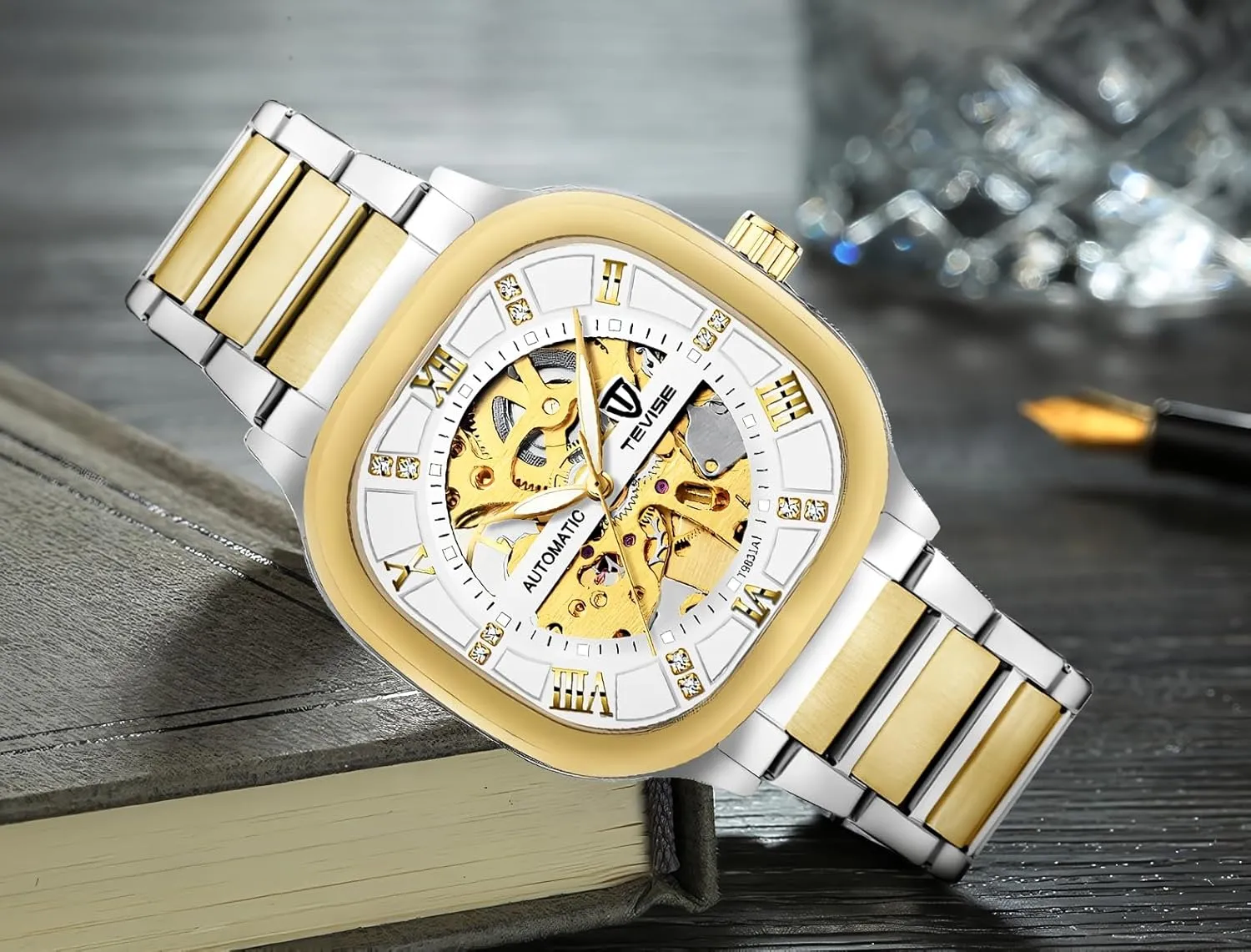 transpose school charisma carbohydrate clinical split Luminous Fashion Business Wristwatch Automatic Mechanical Watches for Men Stainless Steel Waterproof Skeleton Watch Square Dial 